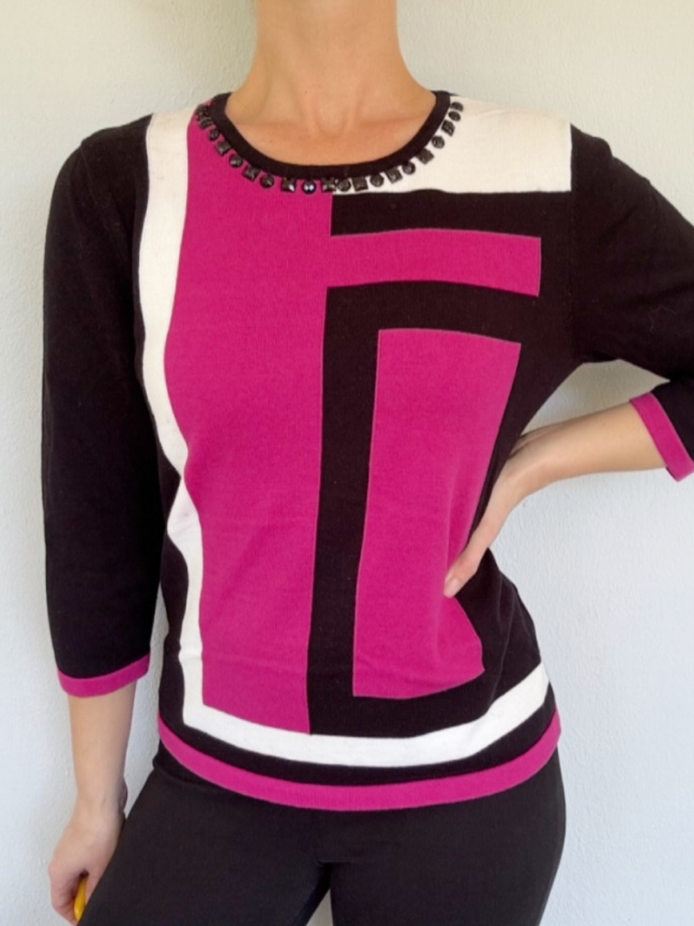 Alfred Dunner black pink color block print beaded cotton sweater size small